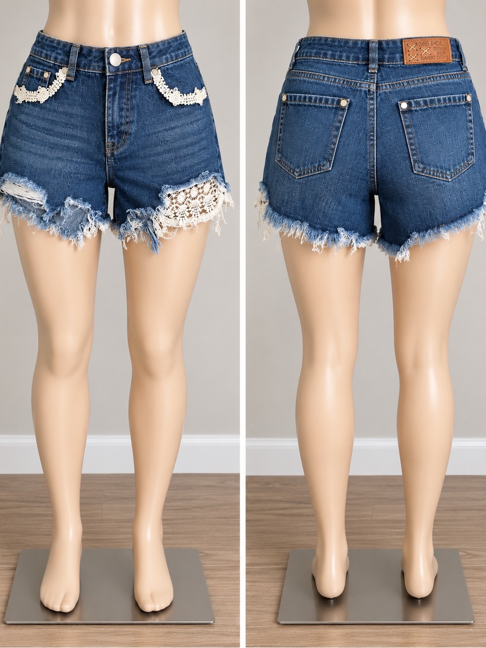 POL 375 denim distressed cutoff jean shorts from 2009 with white lace detail